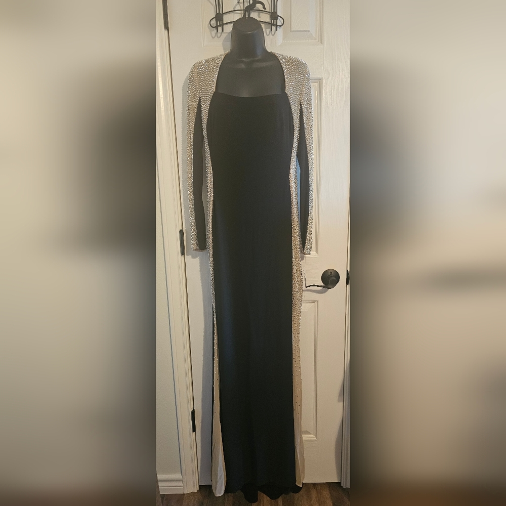 Xscape Black Long Sleeve Evening Gown with Metallic Side Panels